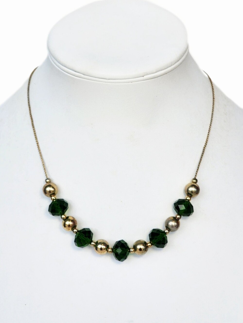 Emerald Green Faceted Beaded Necklace with Gold Accent Beads and Chain